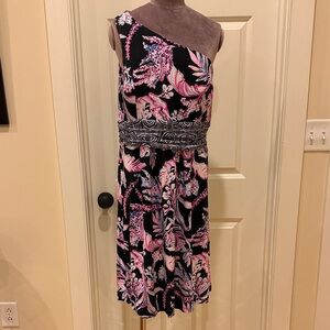 Lilly Pulitzer XL Black One-Shoulder Floral Dress with Pink Accents
